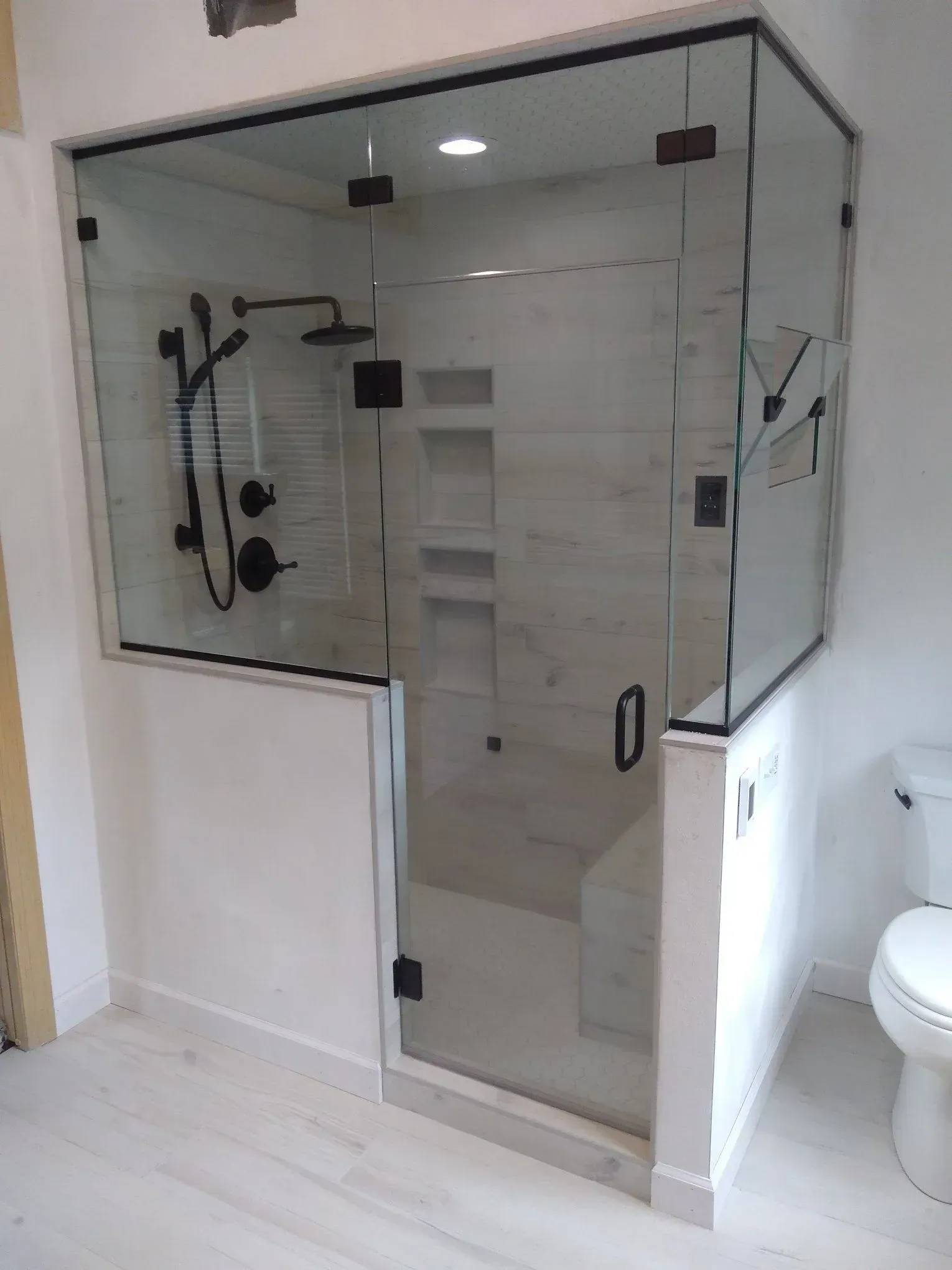 A bathroom with a glass shower door and a toilet.