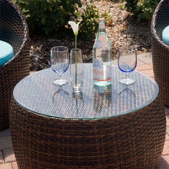 A bottle of evian water sits on a glass table