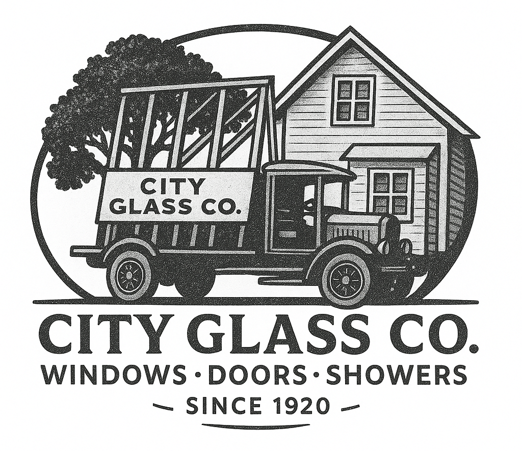 The city glass company logo is a black and white drawing of an old bus.