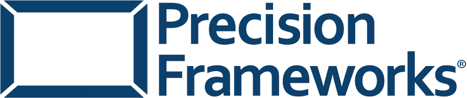 A blue and white logo for precision frameworks