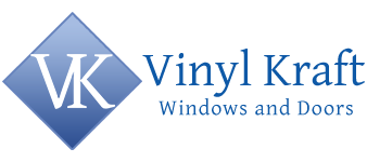 A blue and white logo for vinyl kraft windows and doors