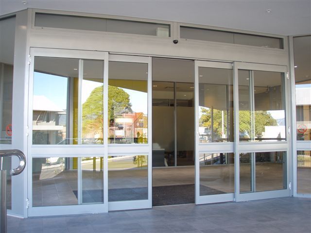 A large sliding glass door in a building