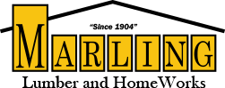The logo for marling lumber and home works shows a house with a roof.