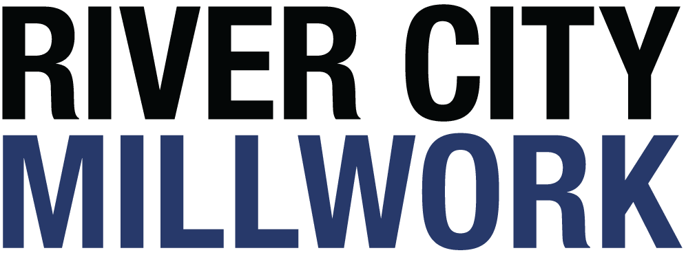 The logo for river city millwork is blue and black