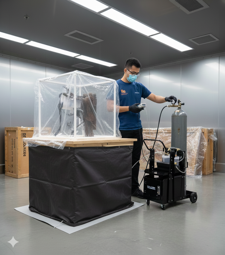 Man in a mask and gloves working near machinery enclosed in a plastic tent; a gas cylinder is nearby.