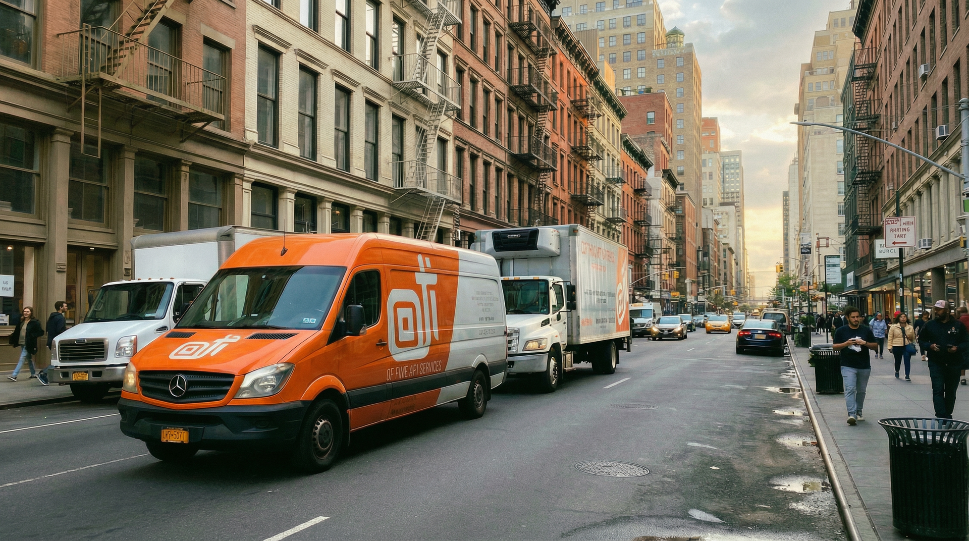 Orange delivery van on a city street, other vehicles and pedestrians present. Brick buildings line the road.
