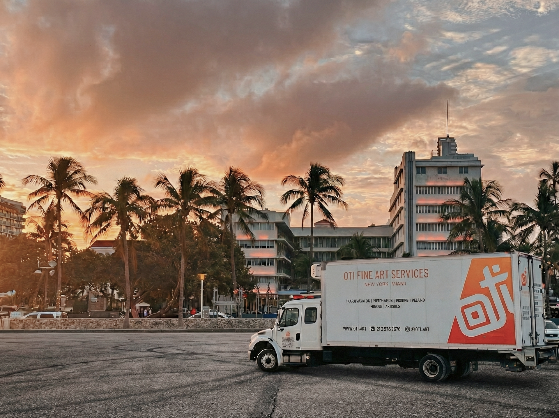 White truck with logo parked near beach, palm trees, and building at sunset.