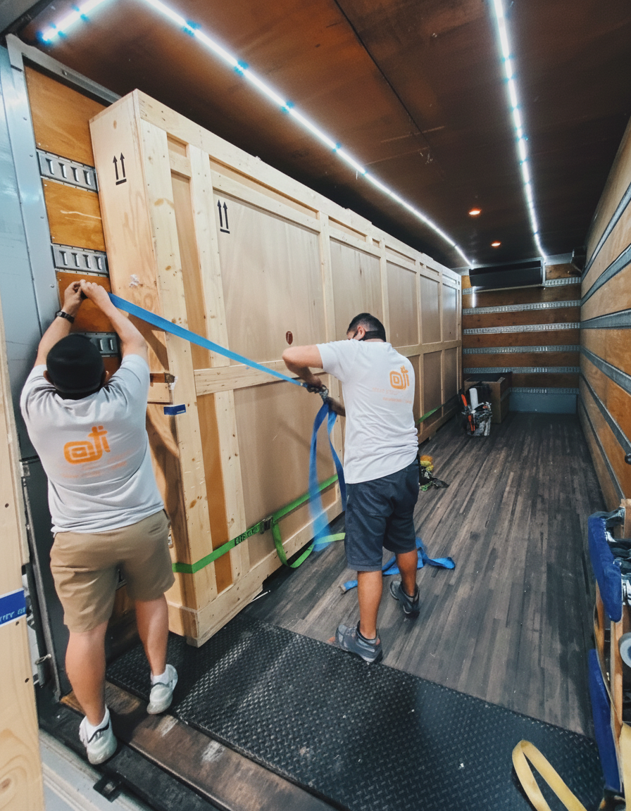 Two movers securing a large, wooden crate inside a truck using blue straps.