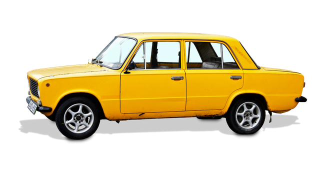A yellow car with black wheels is on a white background.