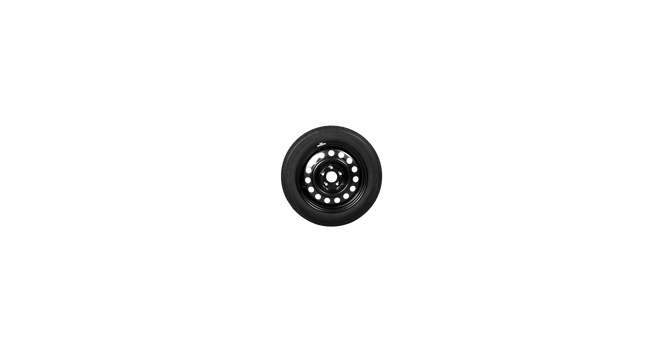 A close up of a black tire on a white background.
