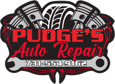 A logo for pudge 's auto repair with a tire and pistons