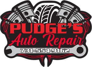 A logo for pudge 's auto repair with a tire and pistons
