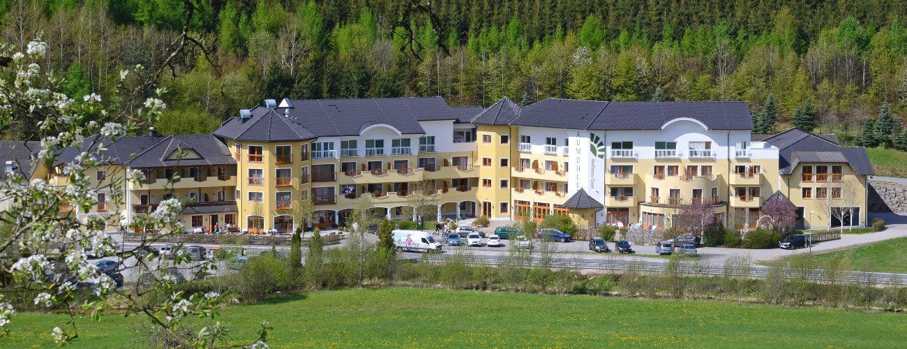 Großes gelb-weißes Gebäude mit dunklen Dächern vor einem grünen Feld, umgeben von Bäumen.