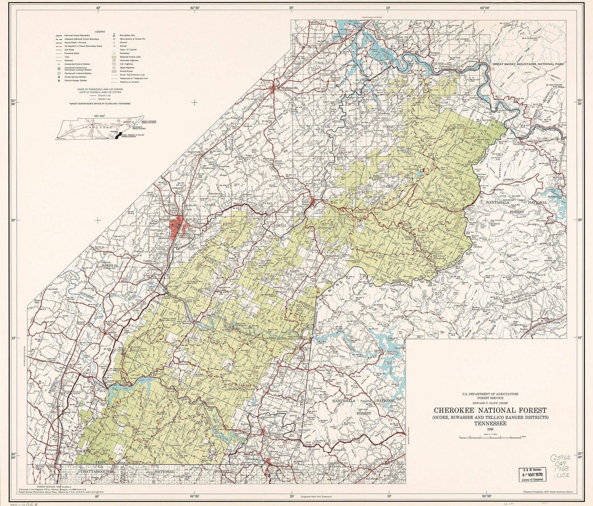Map of Cherokee National Forest (Ocoee, Hiwassee, and Tellico Ranger Districts), Tennessee.