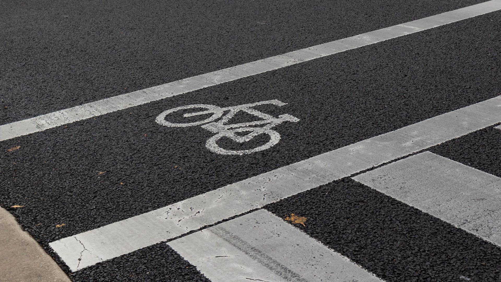 Bike lane marking on asphalt next to white crosswalk stripes.