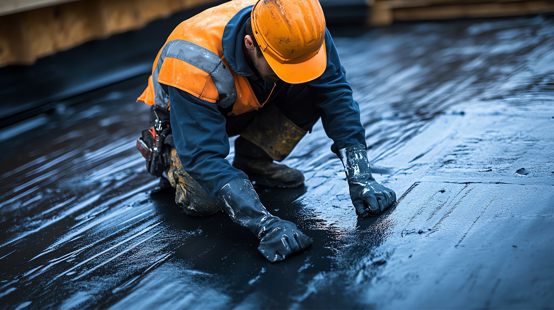 Worker in orange hard hat spreading black waterproof coating on a roof