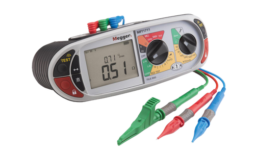Multimeter with colored leads and digital display reading 0.71/0.51.