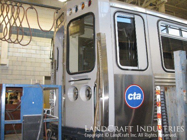 Fiberglass repaired and refinished on a CTA train car