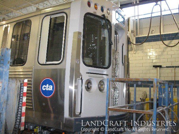 Fiberglass repaired and refinished on a CTA train car