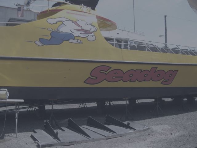 Seadog commercial passenger vessel on stands for repairs