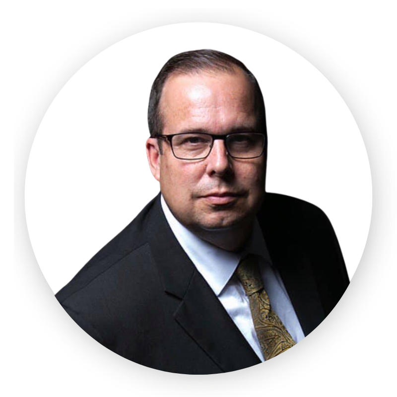 A man in a suit and tie is in a circle on a white background