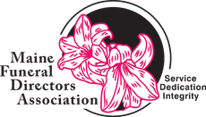Maine Funeral Directors Association logo with pink flowers and a black circle.