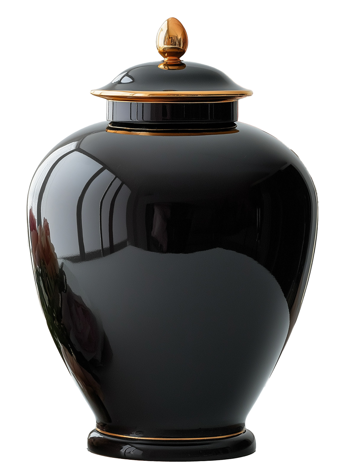 Black ceramic ginger jar with a gold-colored lid and rim.