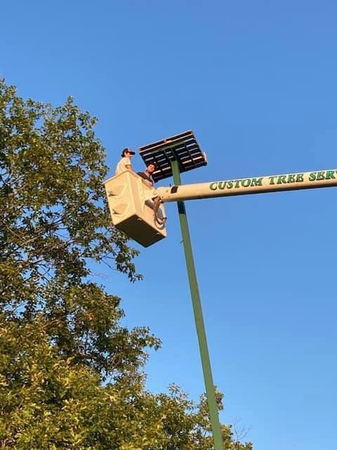 Two people in a lift bucket installing a structure near a tree; green arm, blue sky, text