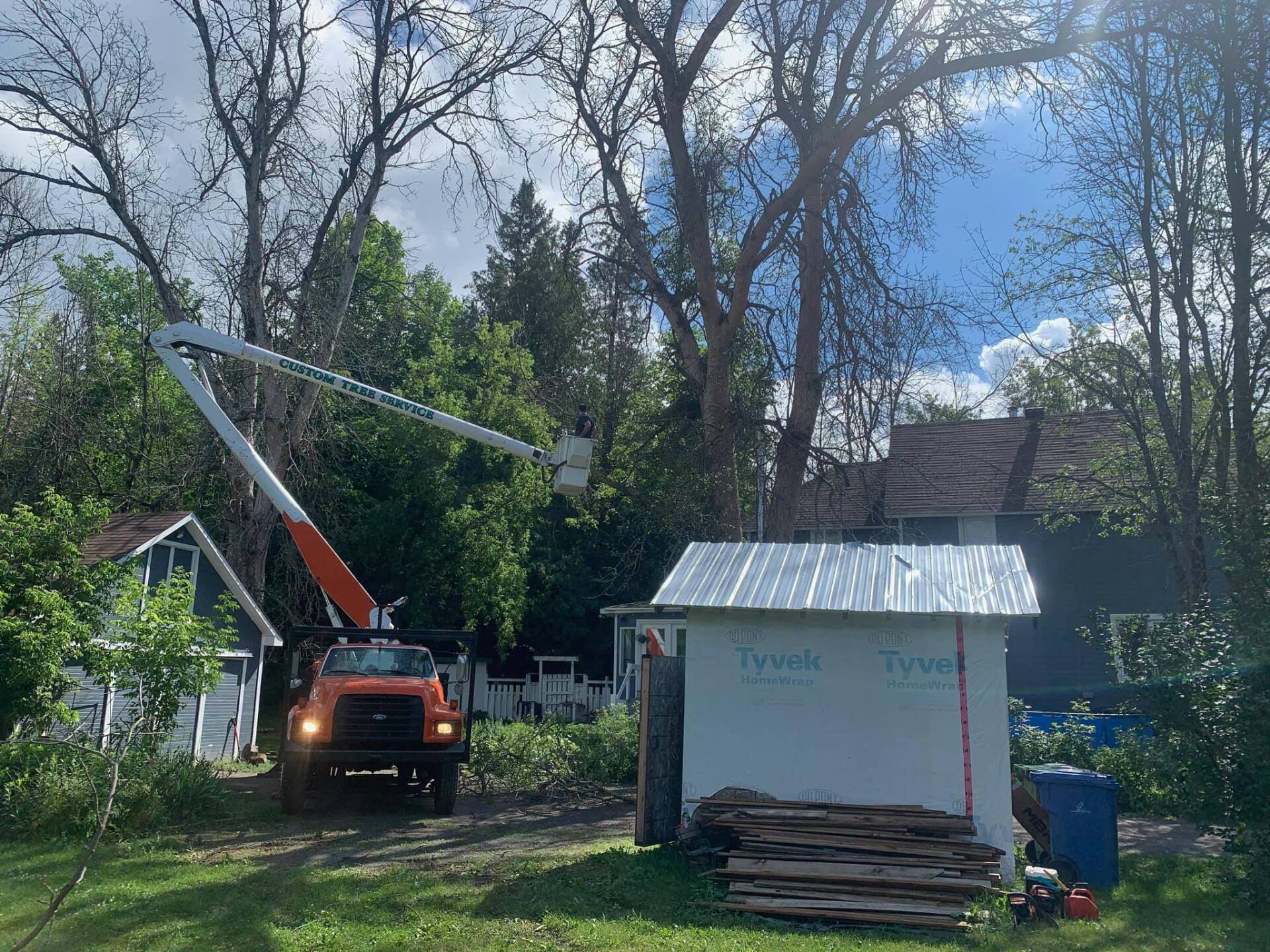 Truck with lift arm trimming trees near a white shed and blue house on a sunny day.