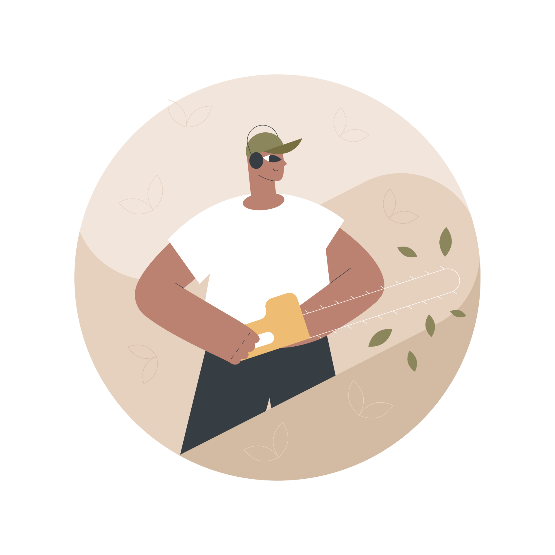 Person wearing a hat and earmuffs using a leaf blower.