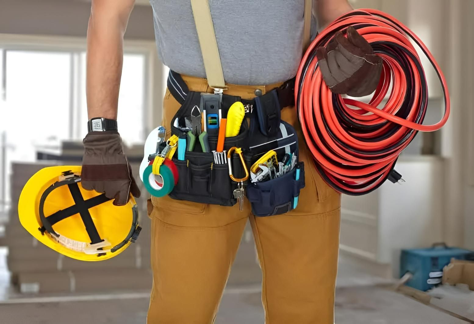 Electrician in work clothes holding tools and coiled orange cable, wearing tool belt, yellow hard hat in the other hand.