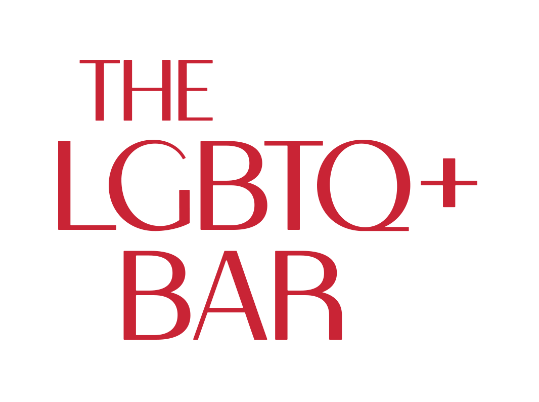 Red text logo reading “THE LGBTQ+ BAR” on a white background