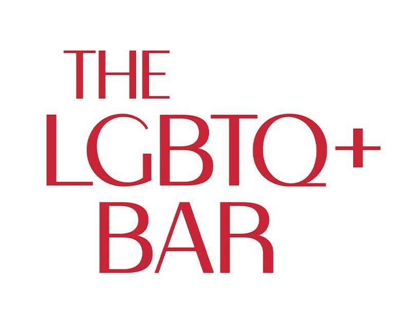 The logo for the lgbtq + bar is red on a white background.