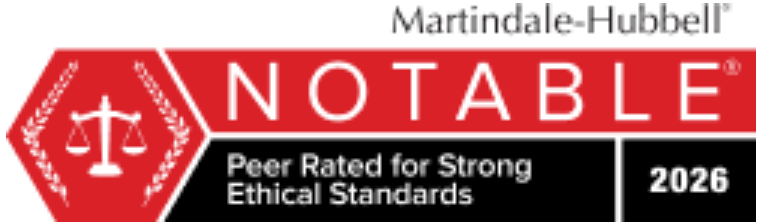 Martindale-Hubbell “Notable” 2026 red badge with scales icon and “Peer Rated for Strong Ethical Standards” text