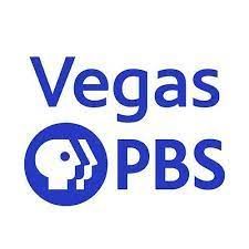 The logo for vegas pbs is blue and white with a circle around it.