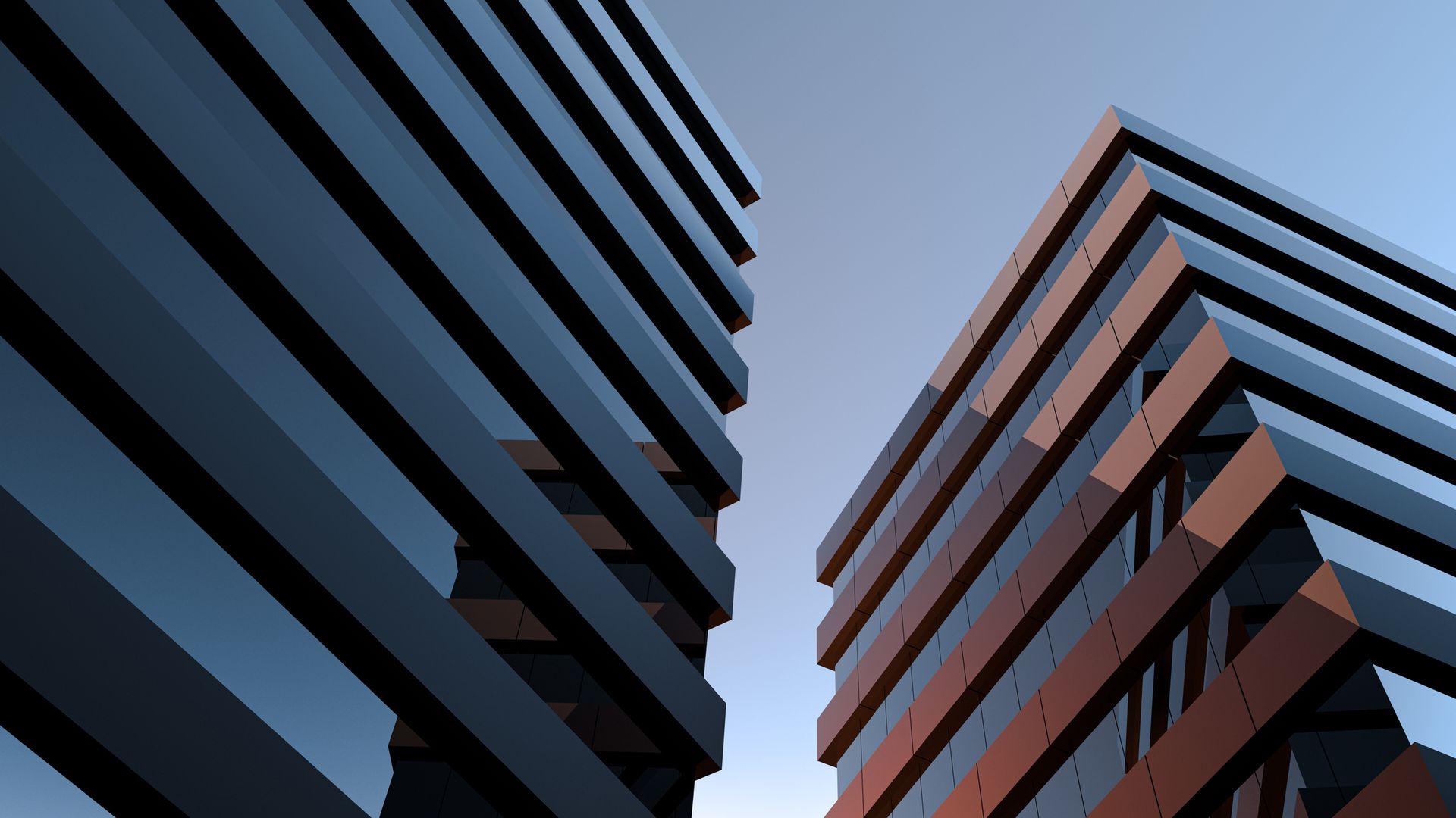 Two modern buildings with geometric facades, viewed from a low angle against a blue sky.