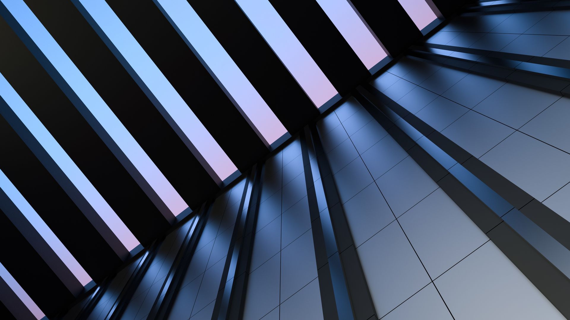 Angled view inside a modern building, with dark beams and slatted windows looking at a pink and blue sky.