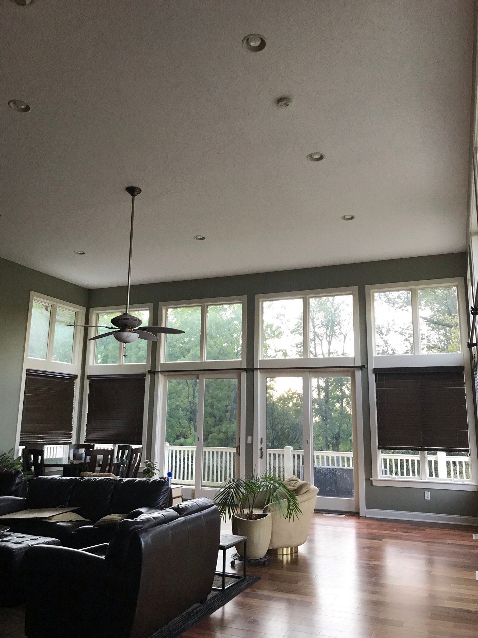 A living room with a lot of windows and a ceiling fan