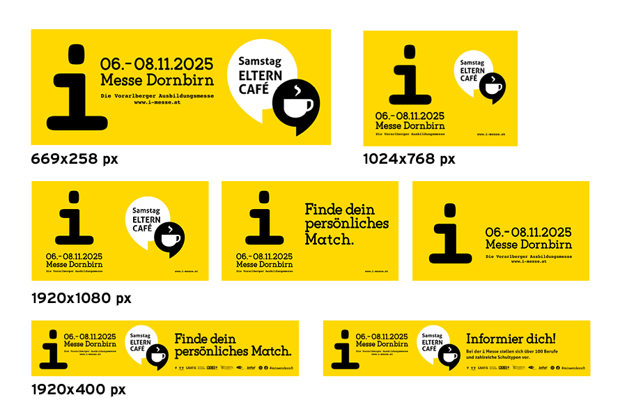 Yellow banners with info icon and event details: Messe Dornbirn Eltern Cafe, dates 06-08.11.2025.