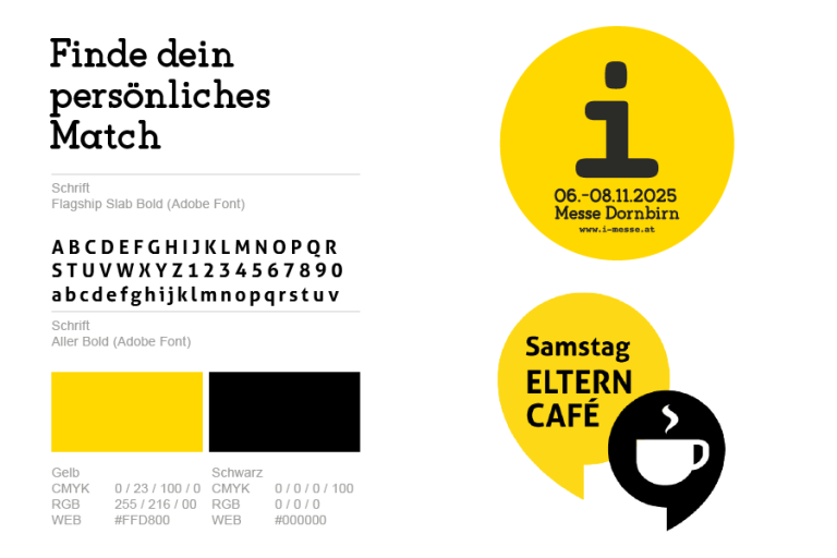Branding-Leitfaden: Gelb-schwarzes Logo für das Eltern Café in Dornbirn. Beinhaltet Typografie, Farbcodes und Logovarianten.