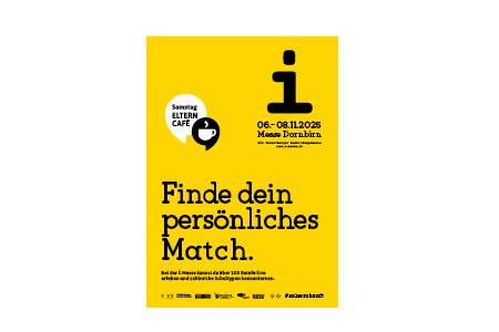 Gelbes Plakat mit schwarzem Text. „Finde dein persönliches Match“ – Termine und Informationen zu einem Café.