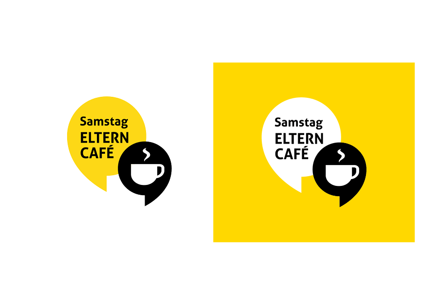 Logo: Gelb-schwarze Sprechblase mit dem Text „Samstag ELTERN CAFÉ“ und einer Kaffeetasse.