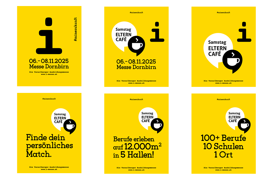 Sechs gelbe Plakate mit schwarzem Text und Symbolen werben für eine Elterncafé-Veranstaltung in Dornbirn.