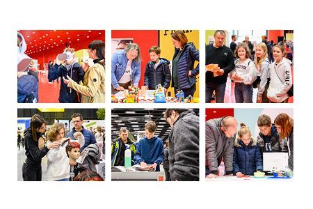 Menschen auf einer Messe, die mit Exponaten interagieren, Kinder, Erwachsene, rot, gelb, blau, engagiert.