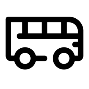 Schwarze Strichzeichnung eines Busses mit zwei Rädern, Fenstern und abgerundeter Front.