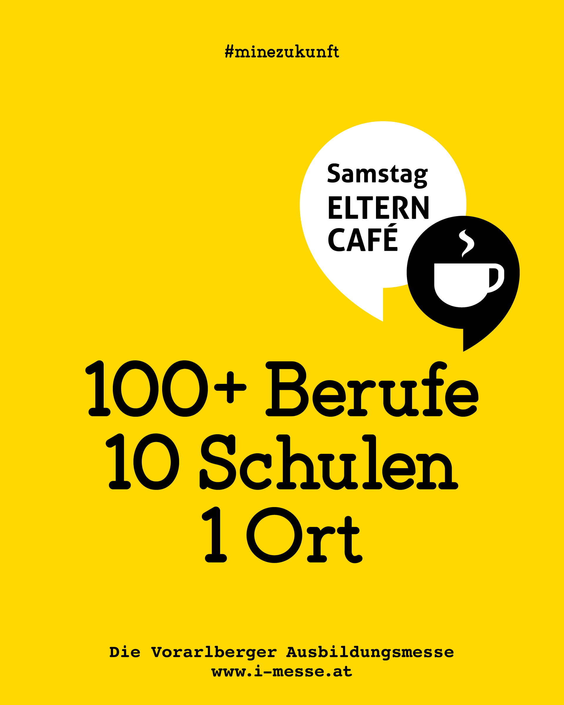 Gelbes Plakat mit schwarzer Figur, die eine Lupe hält; „Samstag = Elterntag“.