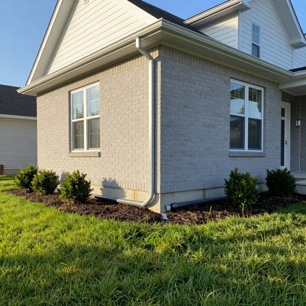 A light gray brick house with white siding and trim, surrounded by mulch beds and green grass under a clear blue sky. A light gray brick house with white siding and trim, surrounded by mulch beds and green grass under a clear blue sky.