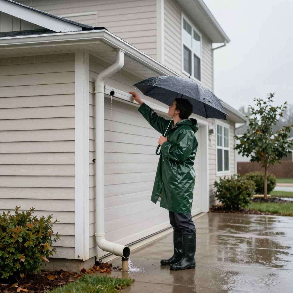A person in a green rain jacket and boots holds an umbrella while inspecting a leaking residential gutter downspout. A person in a green rain jacket and boots holds an umbrella while inspecting a leaking residential gutter downspout.