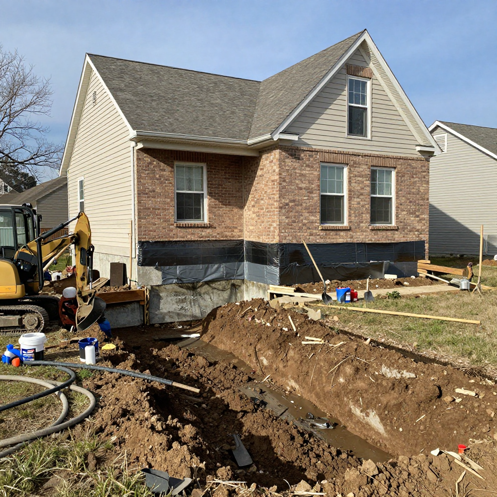 A brick house under construction with a large trench in the front yard and an excavator parked to the side. A brick house under construction with a large trench in the front yard and an excavator parked to the side.