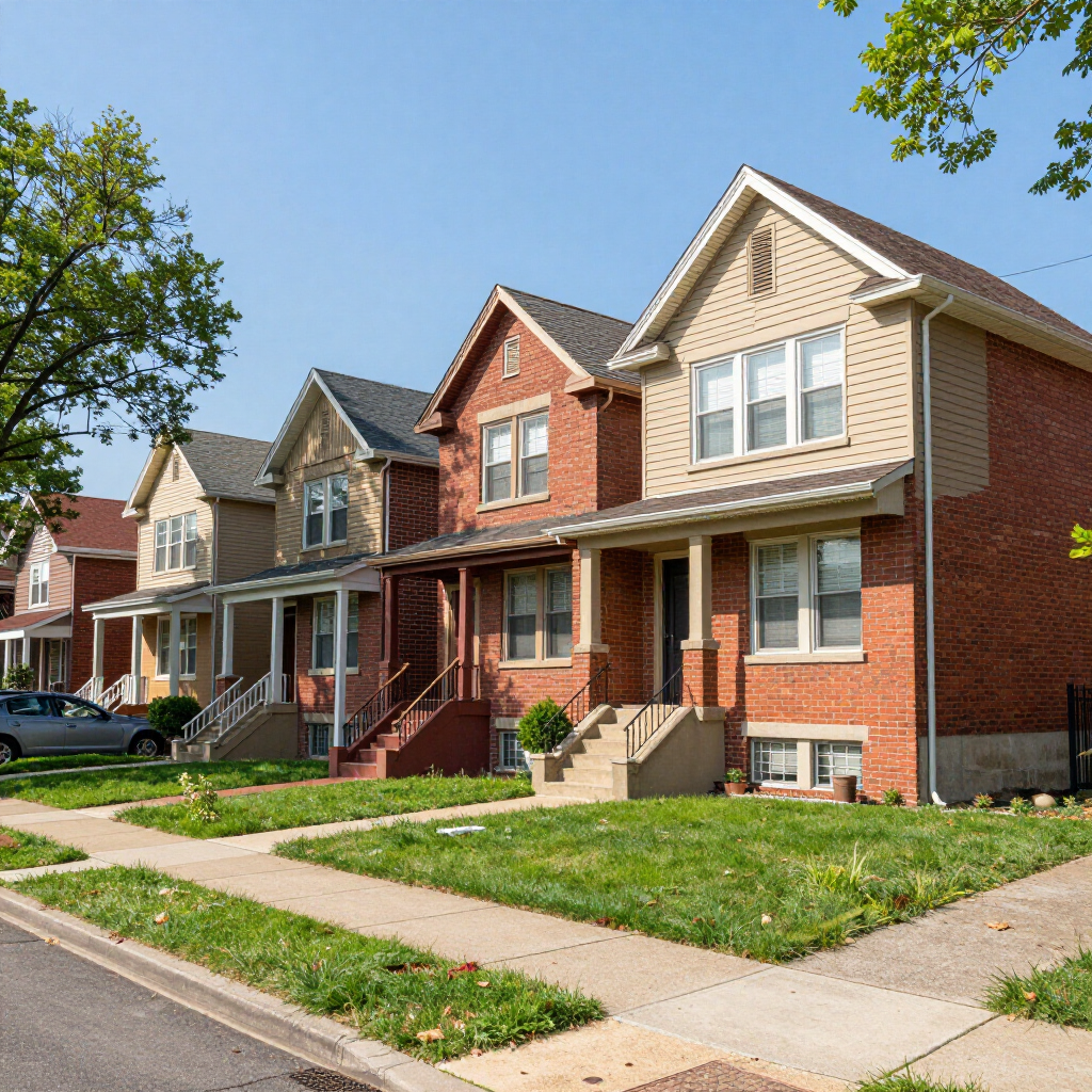 A row of suburban brick houses with front porches and green lawns on a sunny day. A row of suburban brick houses with front porches and green lawns on a sunny day.